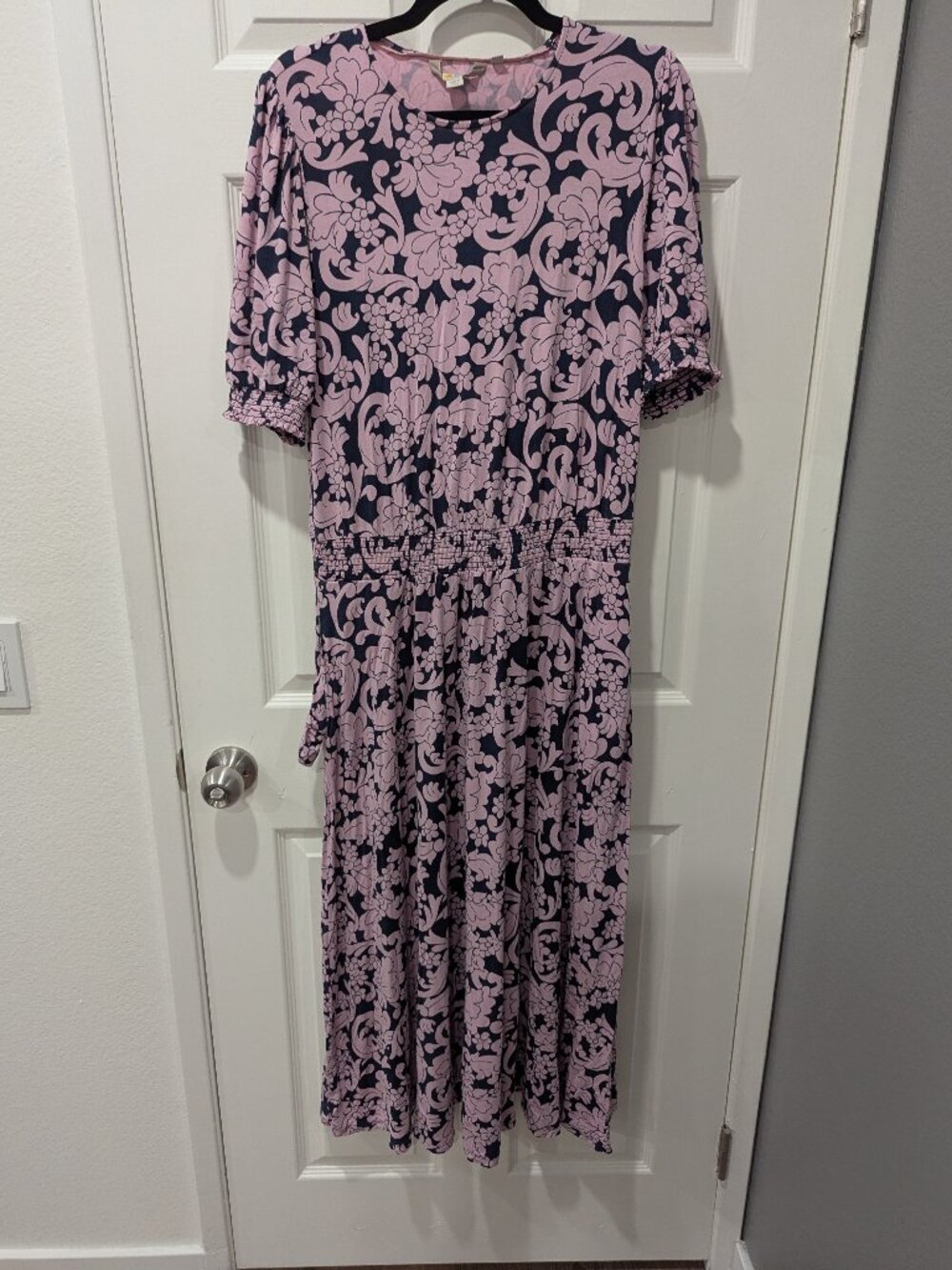 Boden Navy & Pink Baroque Floral Smocked Midi Dress | US 12R | New Without Tags